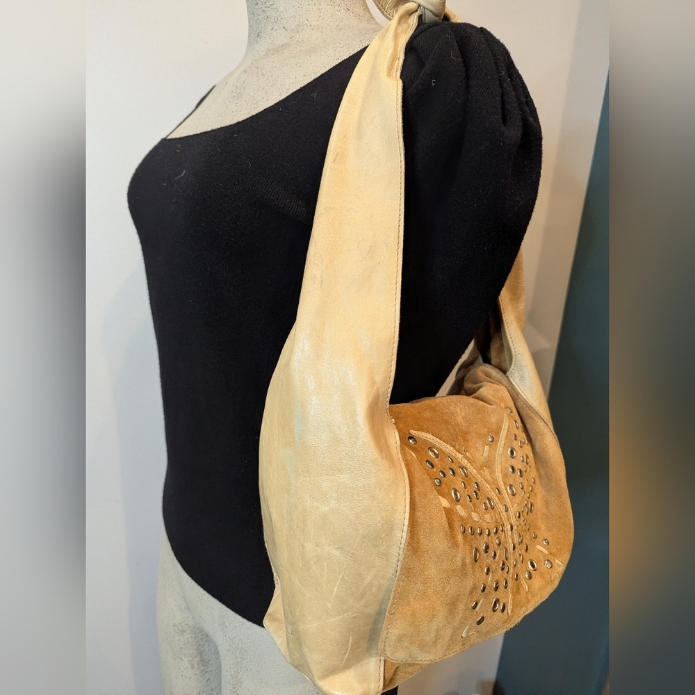 Y2K Arcadia Italy Leather vintage hobo bag gold with butterfly embossing. Rare! - Picture 10 of 15